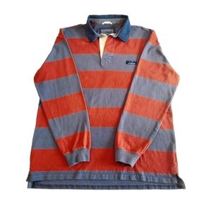 L.L.Bean Polo Long Sleeve Red & Blue Stripe Quarter Button Down Size Lar…